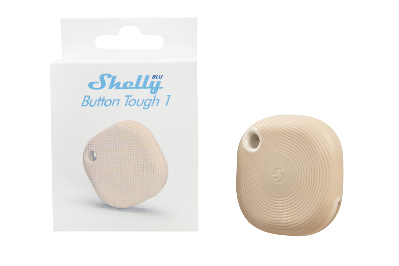 Shelly · Plug & Play · "Blu Button Tough Mocha" · Schalter & Dimmer · Bluetooth · Batterie · Dunkelbeige